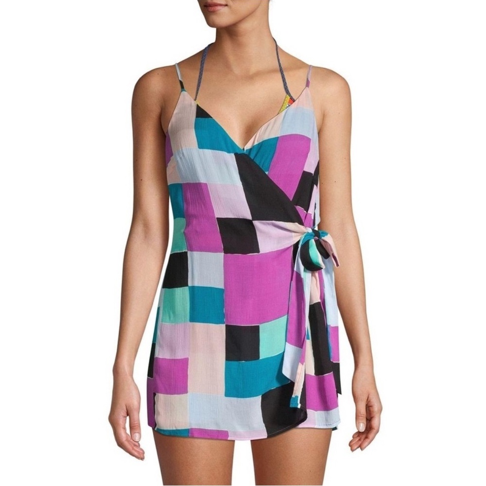 Red Carter Wrap ROMPER / Swim Cover Geometric Print RCIA319C90  Small NWT $110